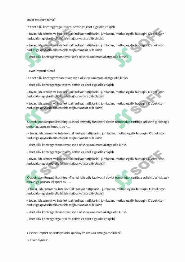 Tashqi iqtisodiy faoliyat testlar