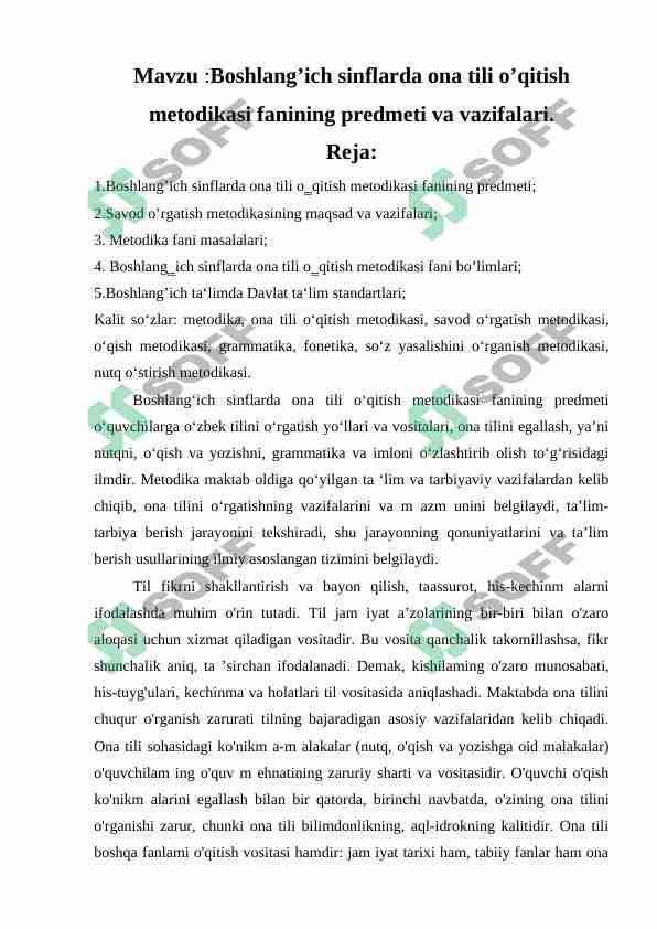 Boshlang’ich sinflarda ona tili o’qitish metodikasi