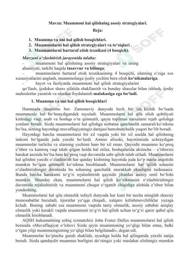 Muammoni hal qilishning asosiy strategiyalari.