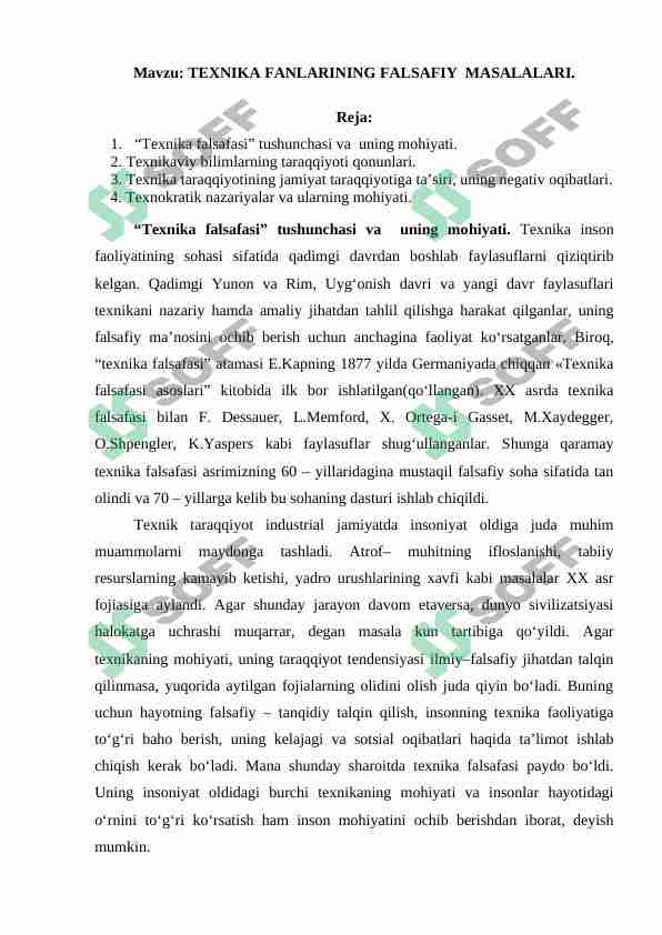 TEXNIKA FANLARINING FALSAFIY  MASALALARI