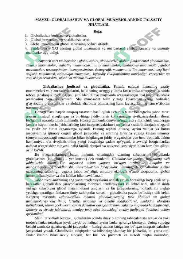 GLOBALLASHUV VA GLOBAL MUAMMOLARNING FALSAFIY JIHATLARI.