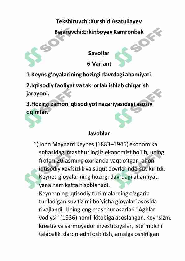 Iqtisodiyot fakulteti uchun savollar javobi bilan