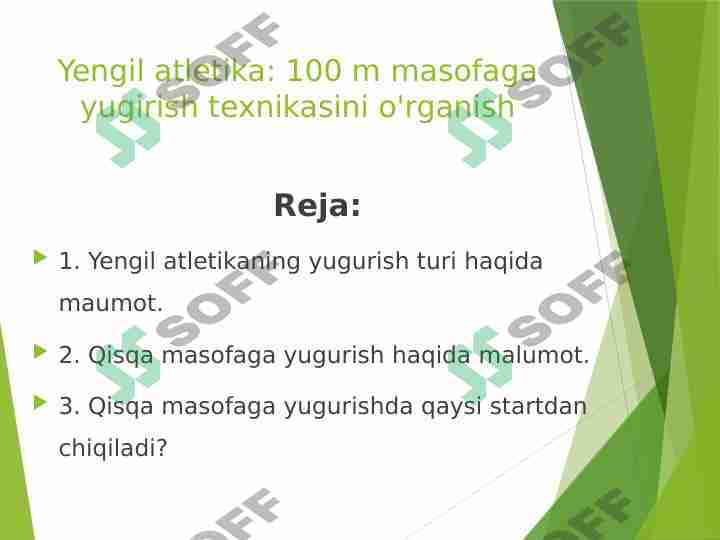 Yengil atletika: 100 m masofaga yugirish texnikasini o'rganish