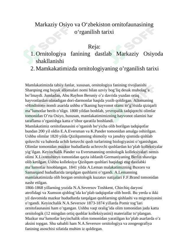 Markaziy Osiyo va O‘zbekiston ornitofaunasining o‘rganilish tarixi