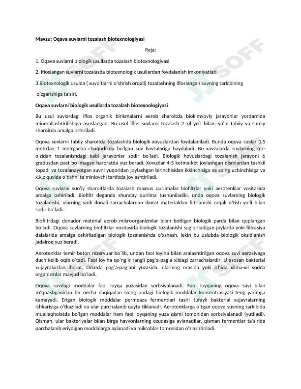 Oqava suvlarni tozalash biotexnologiyasi