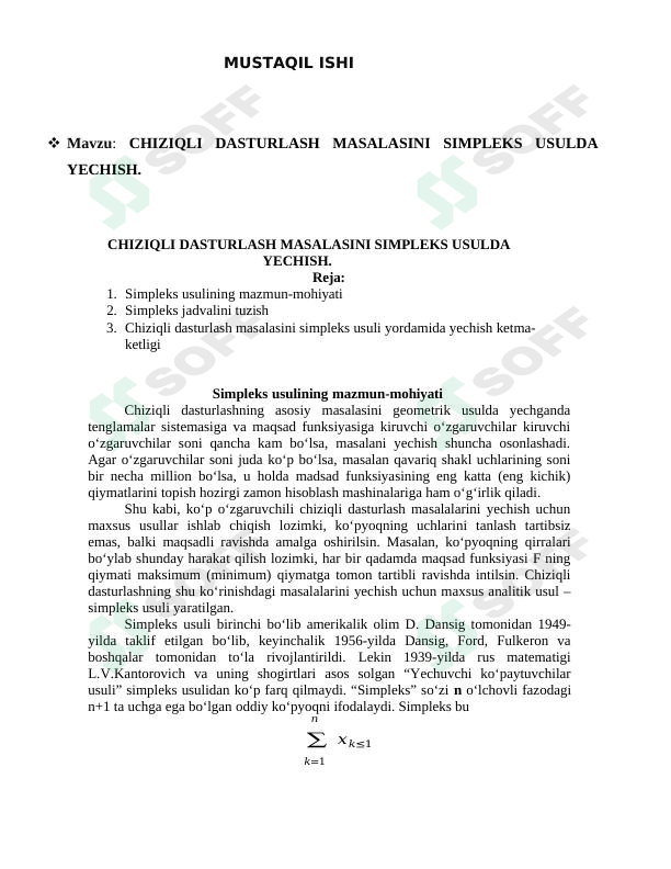 CHIZIQLI DASTURLASH MASALASINI SIMPLEKS USULDA YECHISH.
