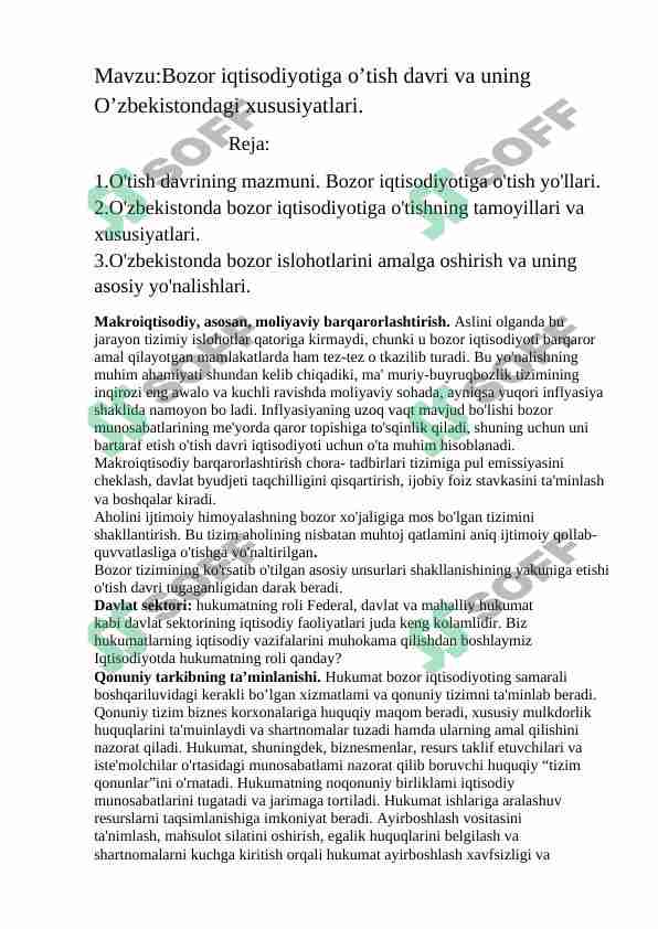 Bozor iqtisodiyotiga o’tish davri