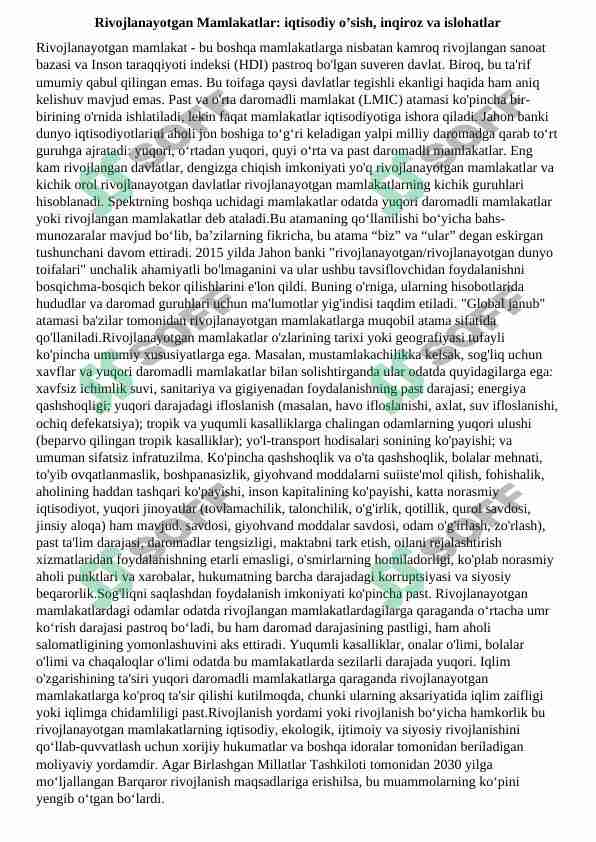 Rivojlanayotgan Mamlakatlar: iqtisodiy o’sish, inqiroz va islohatlar