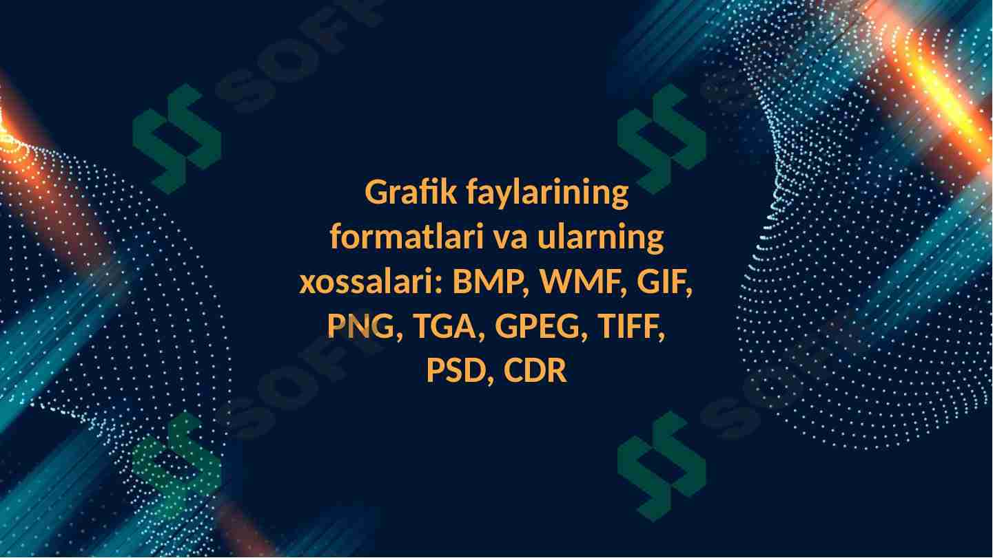 Grafik faylarining formatlari va ularning xossalari: BMP, WMF, GIF, PNG, TGA, GPEG, TIFF, PSD, CDR