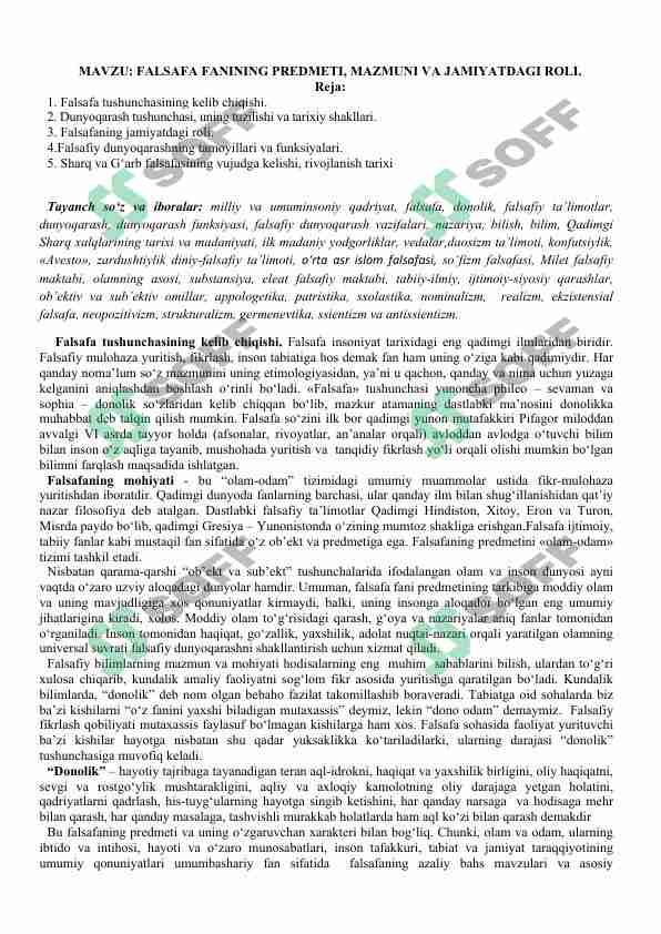 FALSAFA FANINING PREDMETI, MAZMUNI VA JAMIYATDAGI ROLI.