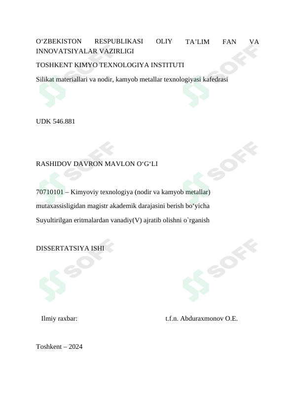 Suyultirilgan eritmalardan vanadiy ajratib olish mavzusidagi adabiyotlar sharhi