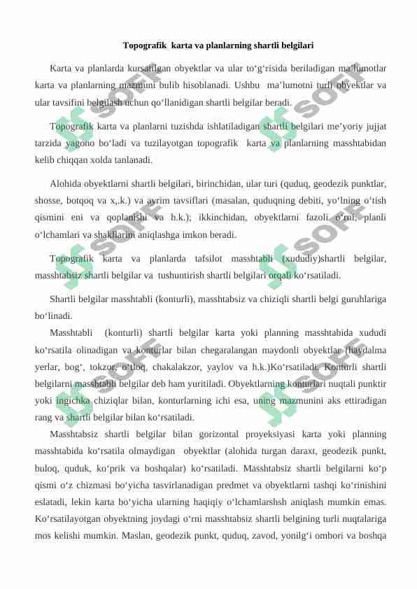 Topografik  karta va planlarning shartli belgilari