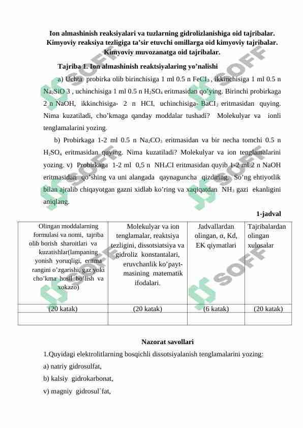 Ion almashish reaksiyalari va tuzlarning gidrolizlanishiga oid tajribalar