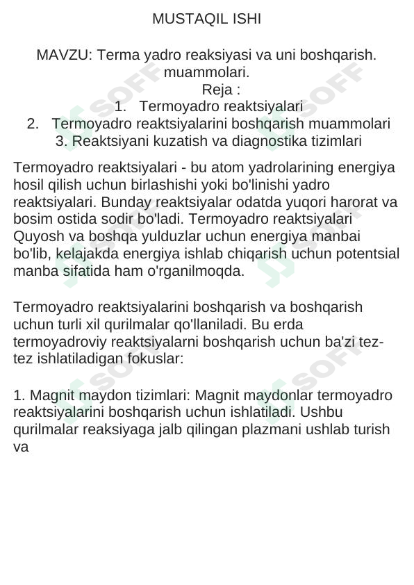 Terma yadro reaksiyasi va uni boshqarish.  muammolari.