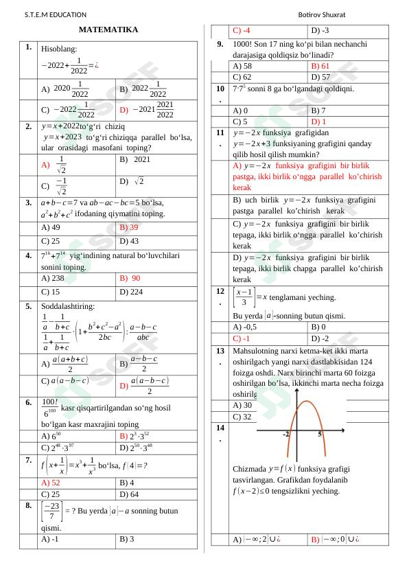 Matematikadan abituriyentlarni sinov qilish uchun test (Word file) TUSHISH EHTIMOLI BOR