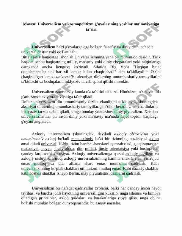 Universalizm va kosmopolitizm g’oyalarining yoshlar ma’naviyatiga ta’siri