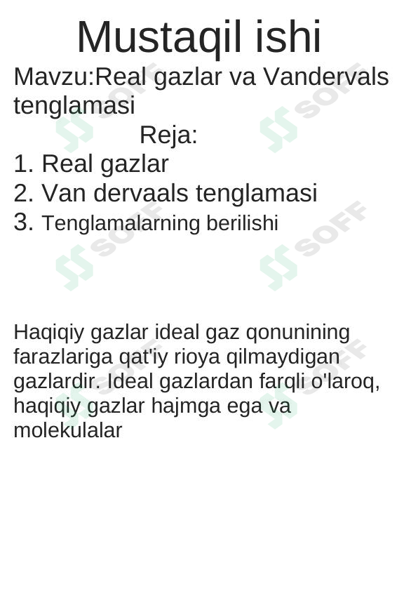 Real gazlar va Vandervals tenglamasi