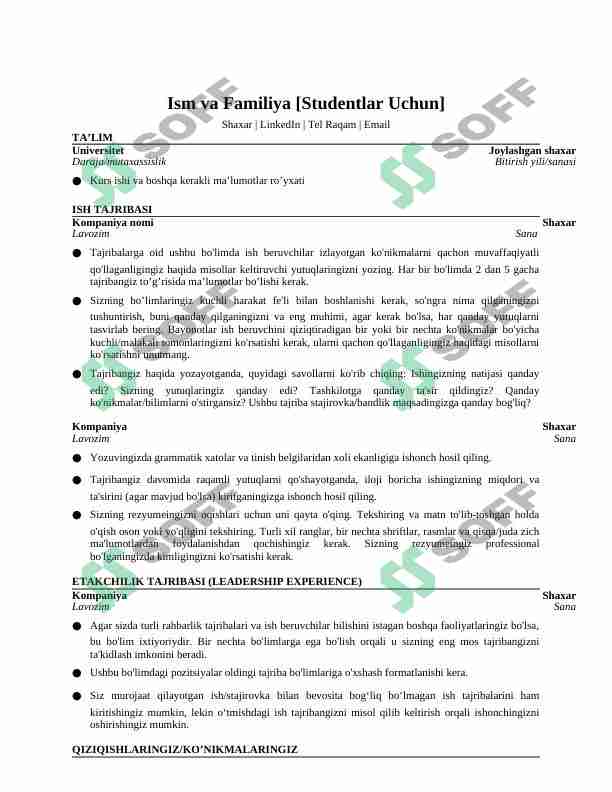 Resume, Cv shablon(maslahatva takliflar bilan)