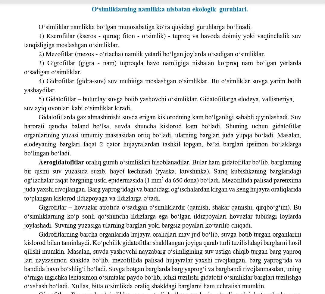 О‘simlik va hayvonlarning  ekologik guruhlari