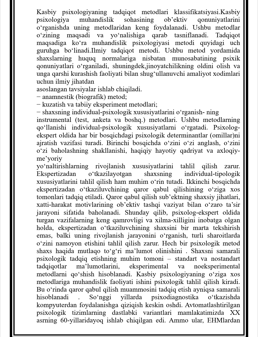 MUHANDISLIK PSIXOLOGIYASINING KLASSIFIKATSIYASI, METODLARNI QO’LLASH SOHASI.