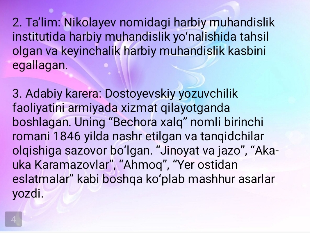 Dostoevskiy  hayoti va " Telba" asari tahlili