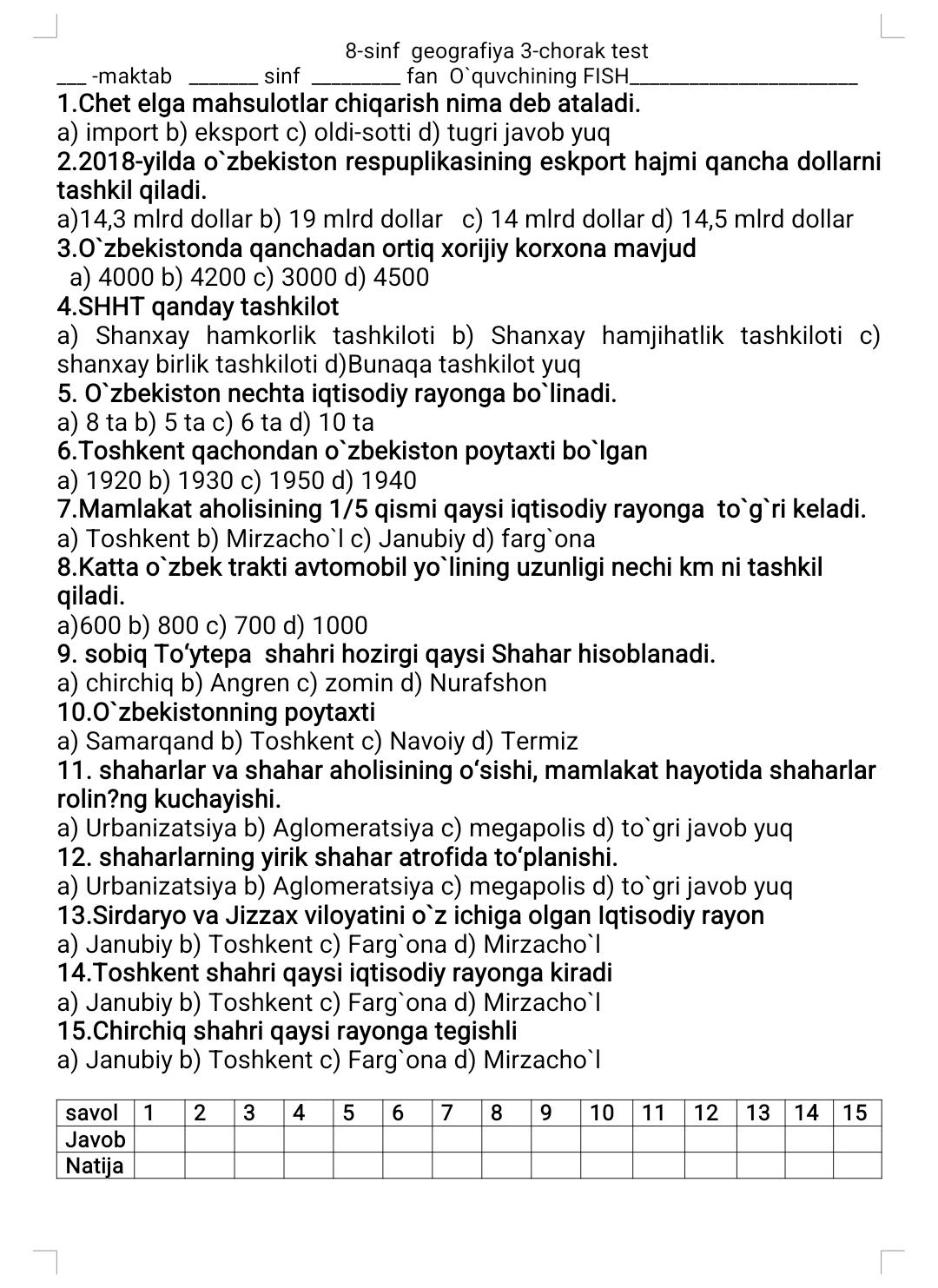 8-sinf geografiya nazorat ishi