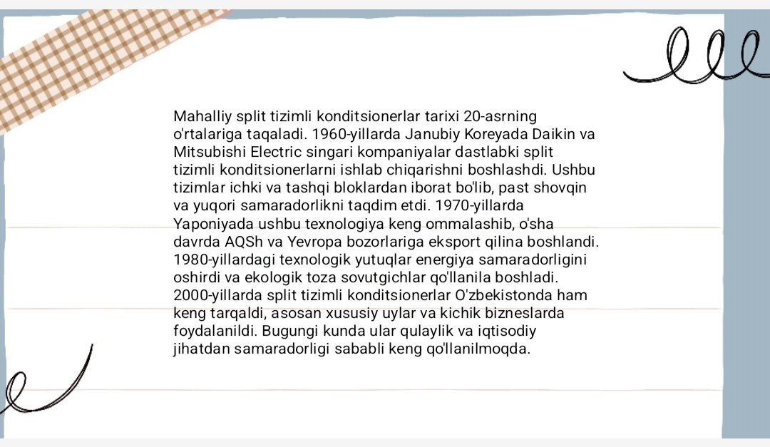 Mahalliy split tizimli konditsioner  konstruksiyalari va ishlash rejimi
