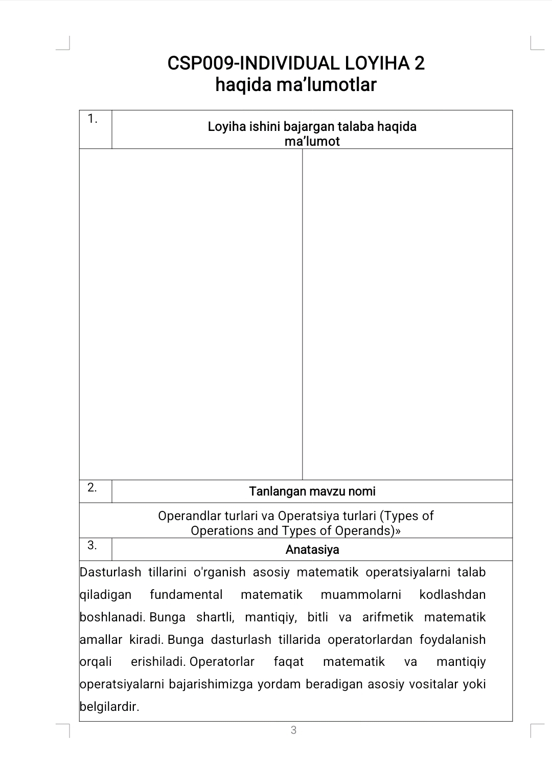 «Operandlar turlari va Operatsiya turlari (Types of Operations and Types of Operands)»