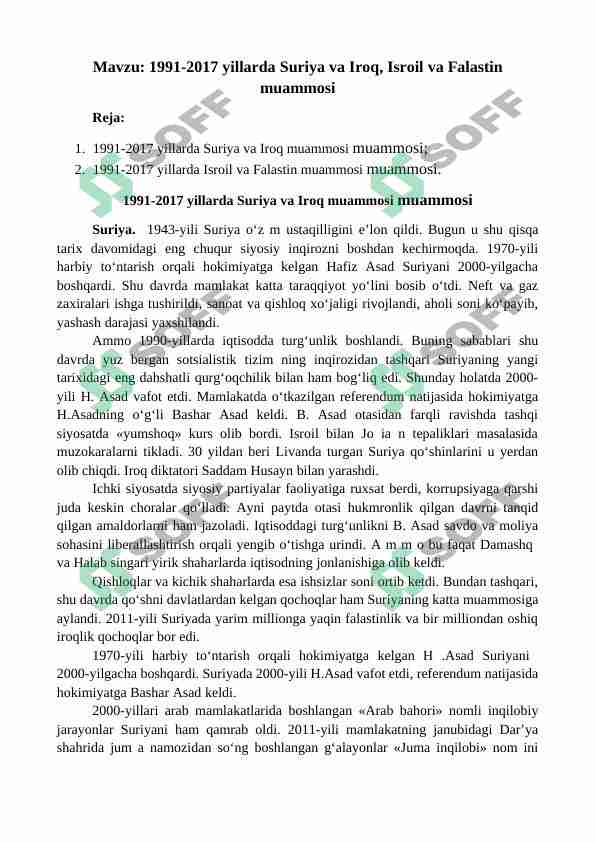 1991-2017 yillarda Suriya va Iroq, Isroil va Falastin muammosi