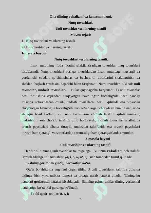 Ona tilining vokalizmi va konsonantizmi