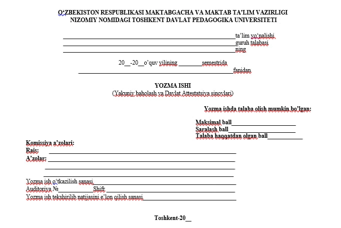 Yozma ish uchun Titul varoq