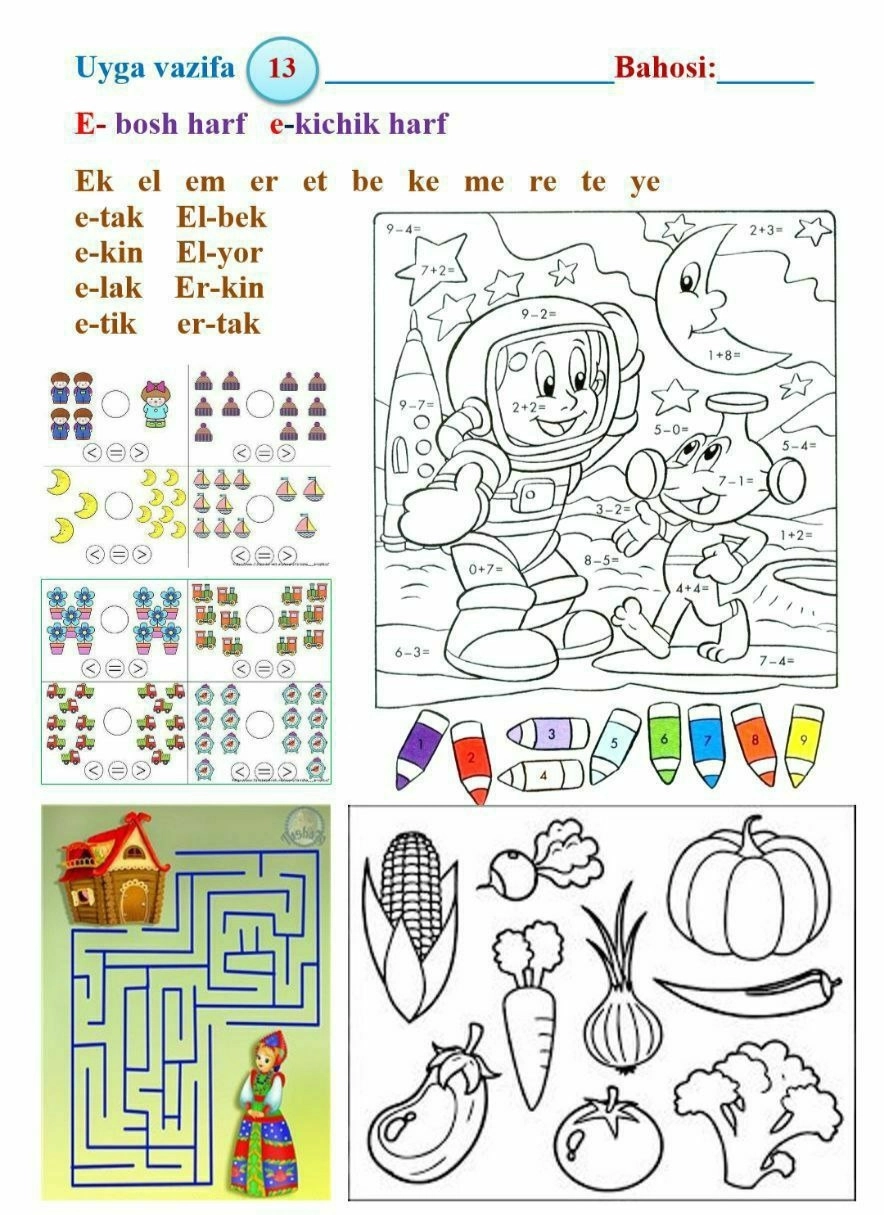 Alifbe, matematika, yozuv fanlari uchun vazifalar