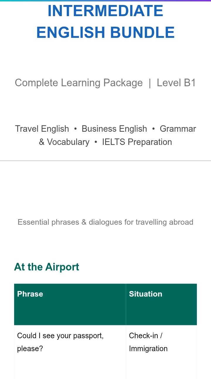 Intermediate English Bundle B1 — Sayohat, biznes, grammatika va IELTS
Intermediate English Bundle B1