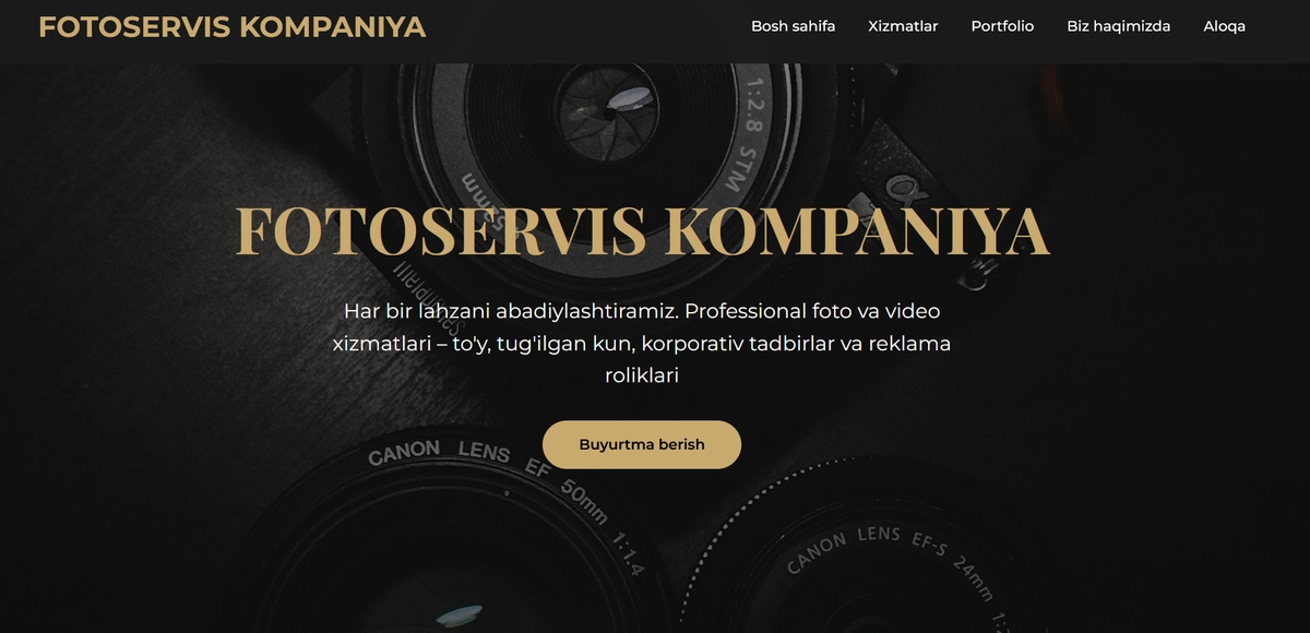 Foto va video xizmatlari kompaniyasining landing sayti shabloni.