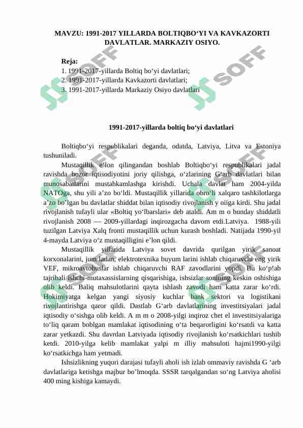 1991-2017 YILLARDA BOLTIQBO‘YI VA KAVKAZORTI DAVLATLAR. MARKAZIY OSIYO