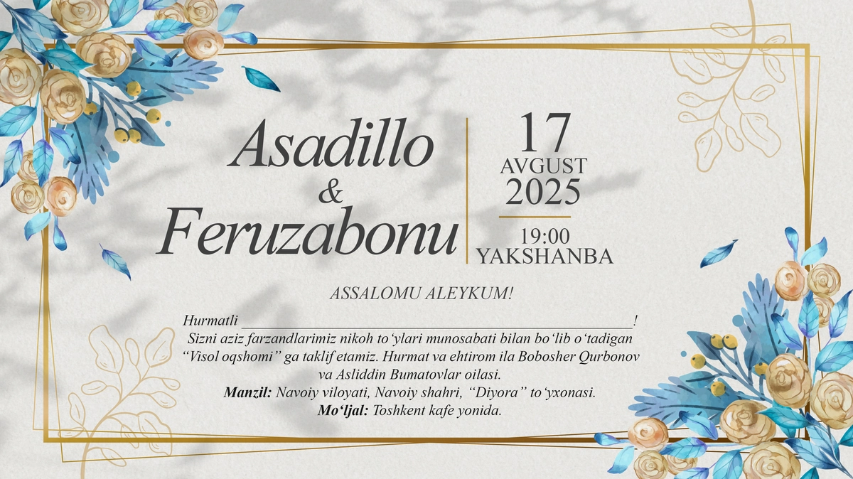 Floral zamonaviy to‘y taklifnomasi (JPG + PSD shablon)