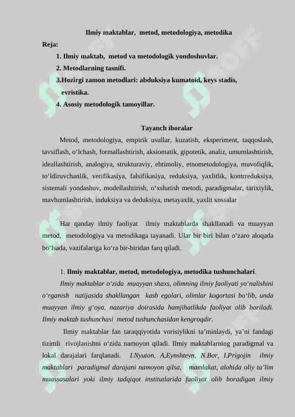 Ilmiy maktablar, metod, metodologiya, metodika
