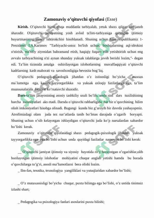 Zamonaviy o’qituvchi qiyofasi (ESSE)