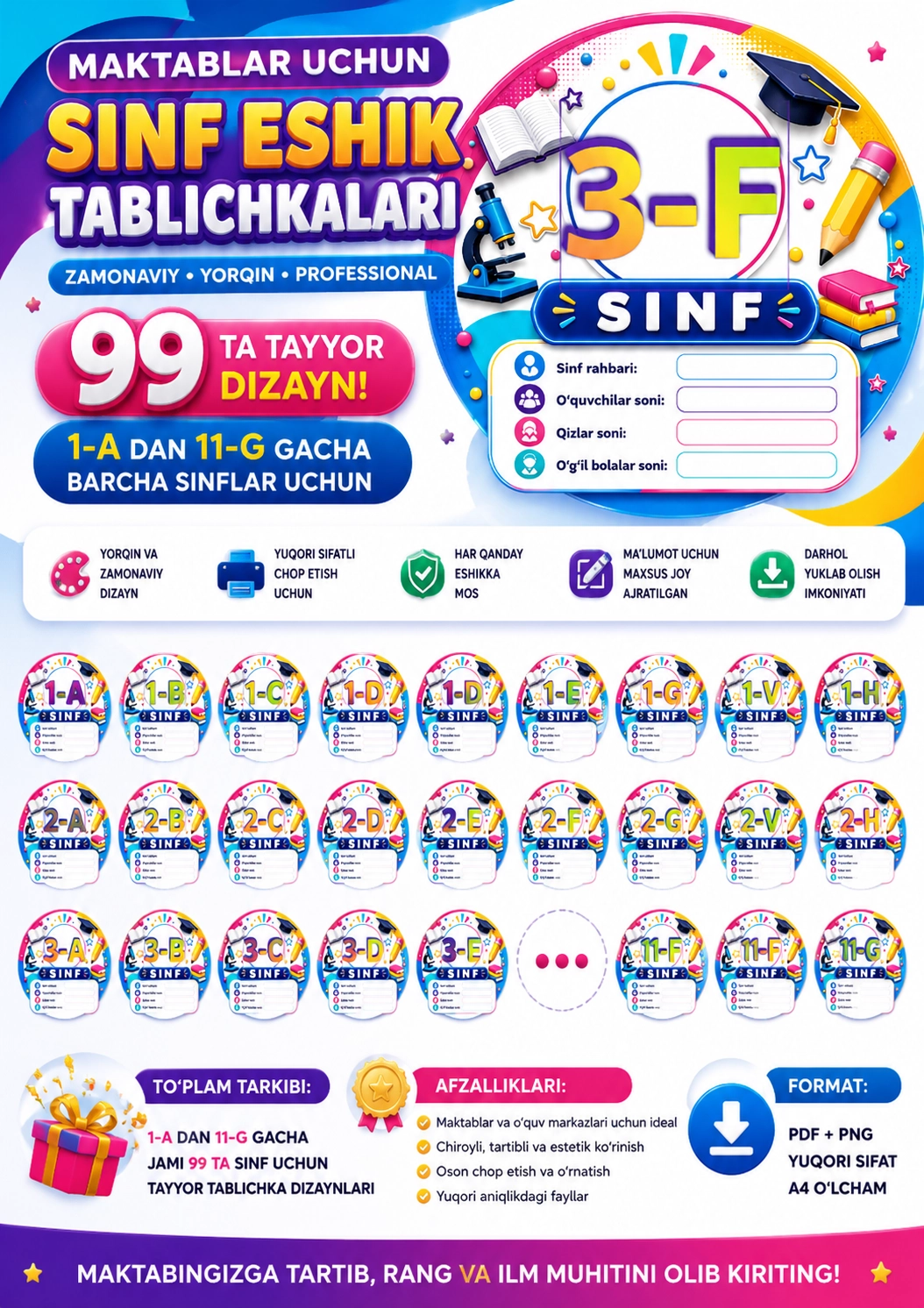 Sinf eshik tablichkalari | 1-A dan 11-G gacha tayyor dizaynlar