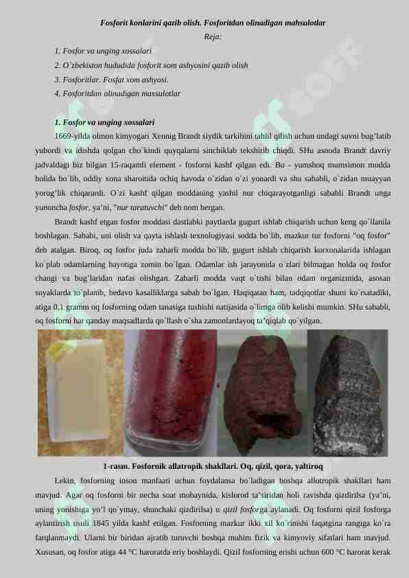 Fosforit konlarini qazib olish. Fosforitdan olinadigan mahsulotlar
