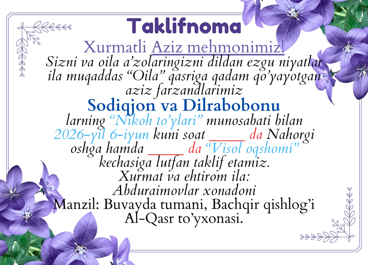 Taklifnoma shabloni