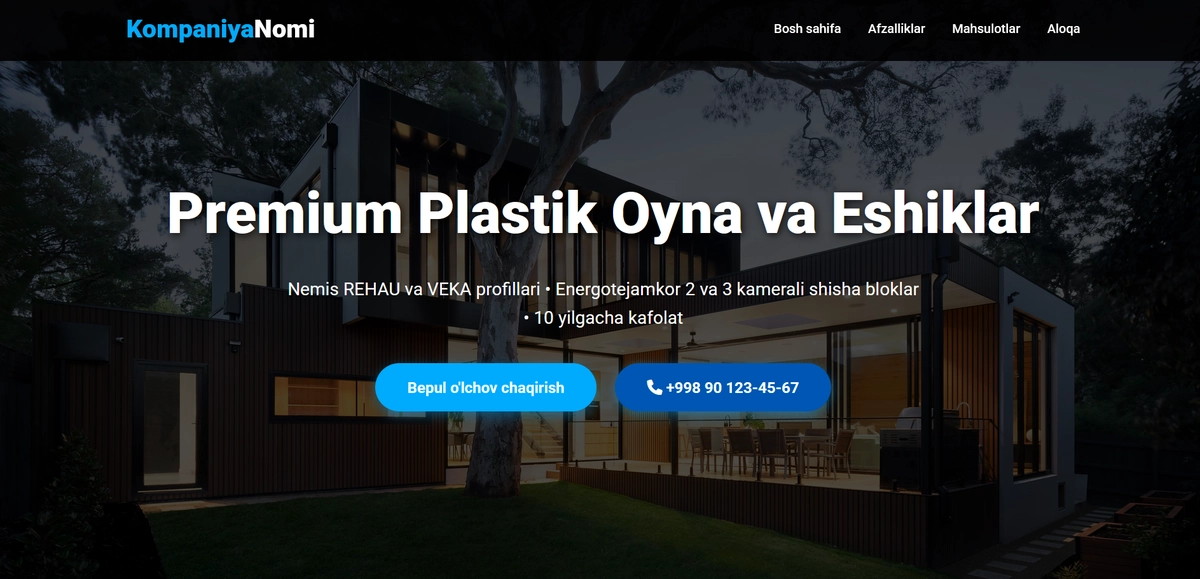 Eshik va deraza ishlab chiqaruvchi kompaniya landing sayti shabloni.