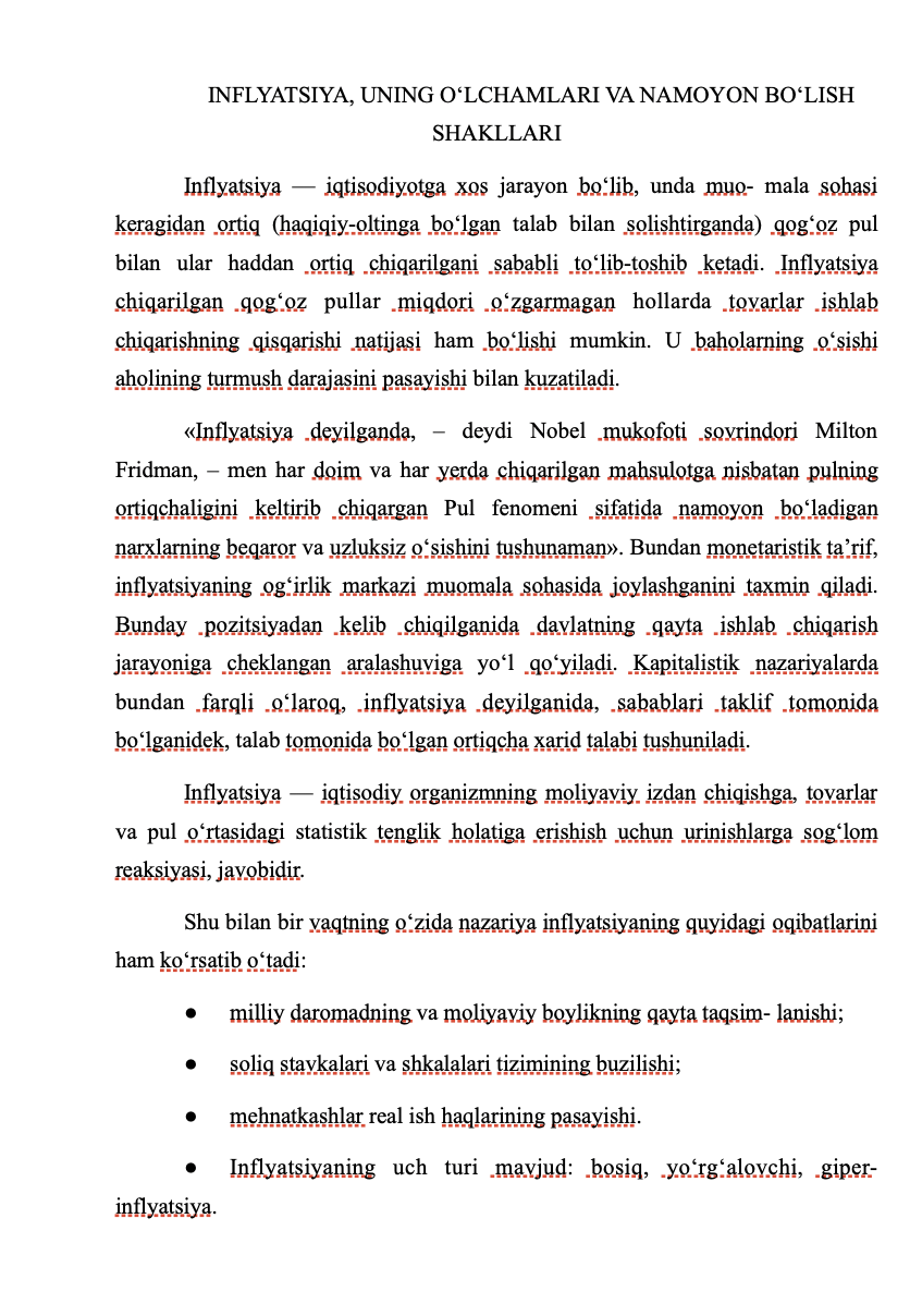 Inflyatsiya, uning o‘lchamlari va namoyon bo‘lish shakllari