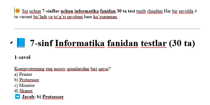 informatika 7-sinf uchun test