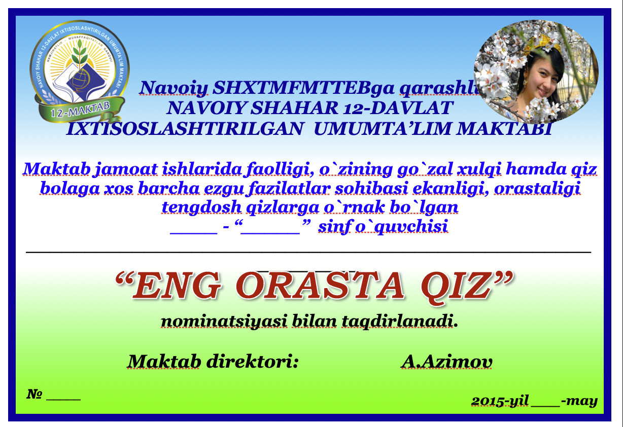 Tashakkurnoma shablon