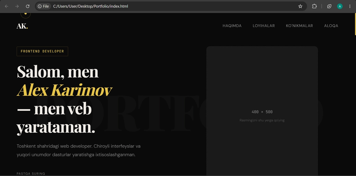 Portfolio uchun web sahifa dizayni(html, css, js)
