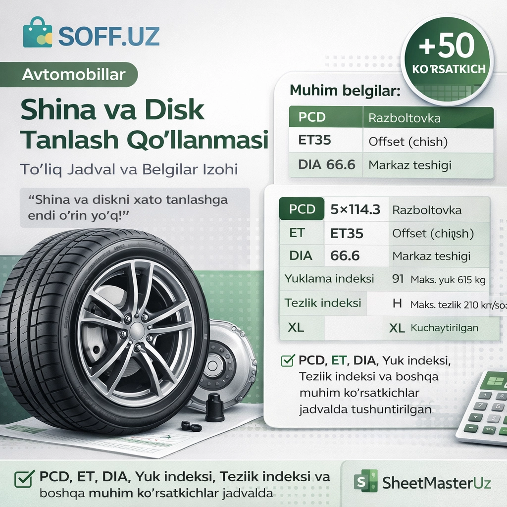 Shina va Disk Tanlash Qo‘llanmasi – To‘liq Jadval va Belgilar Izohi (2026)