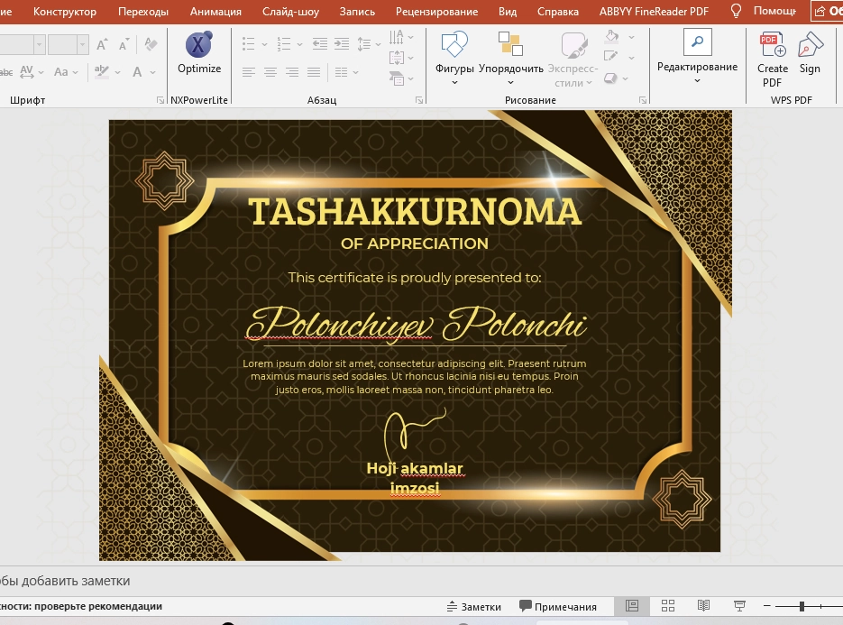 TASHAKKURNOMA shablon tayyori andoza