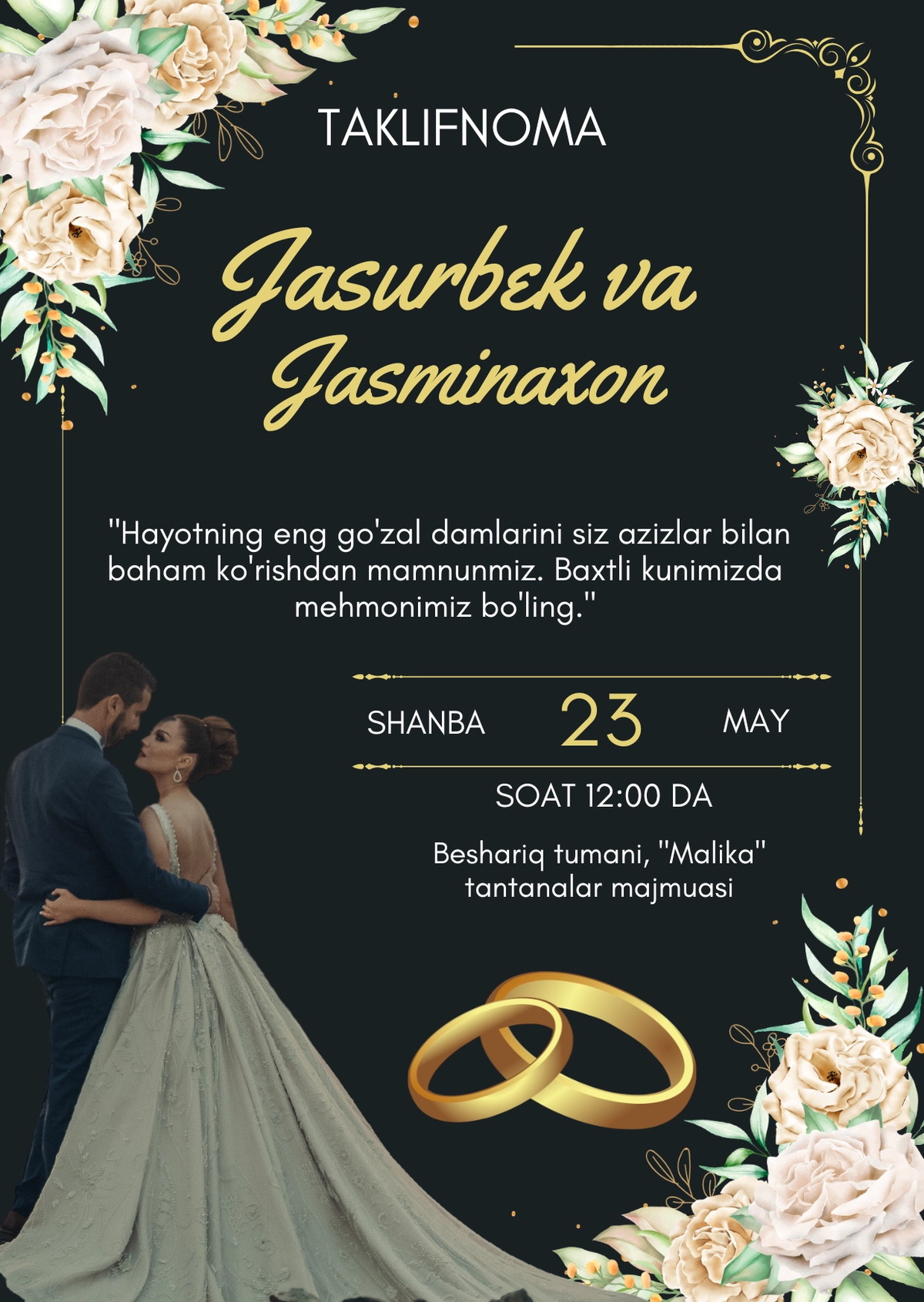 Hashamatli to'y taklifnomasi (Qora va tilla rangli shablon)