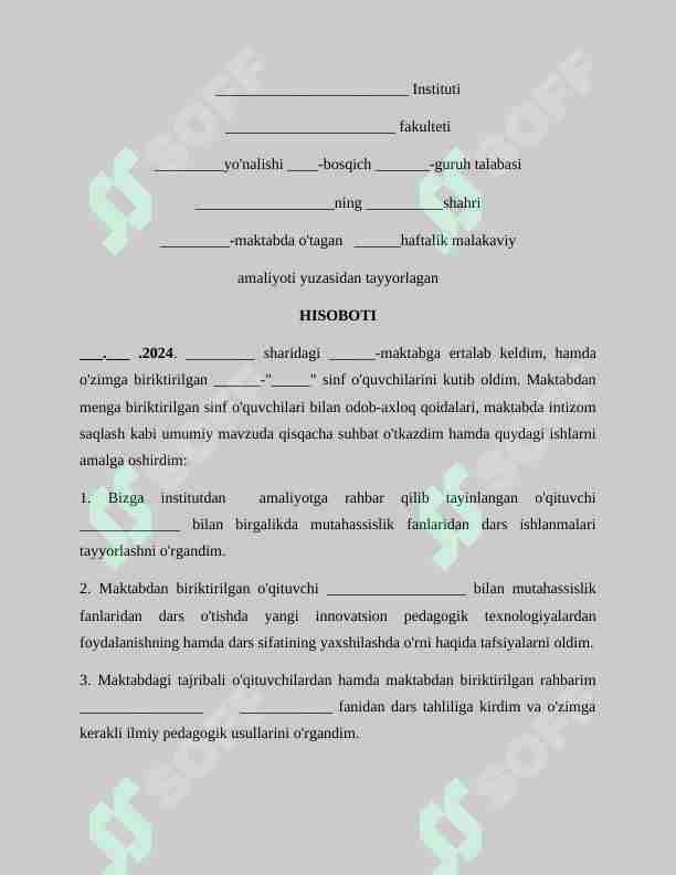 Pedagoglar uchun amaliyot (maktab) hisoboti